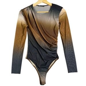 Zara Womens Small Ombre Mesh Draped Ruched Long Sleeve Bodysuit Brown Grey S